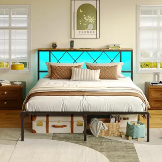 IRONCK Bett 160x200 mit LED Beleuchtung, Bettgestell 160x200 mit Steckdose, 1 USB, 1 Typ-C-Anschlüsse, Metallbett mit Kopfteil und Stauraum, Jugendbett, Doppelbett mit Metal Lattenrost