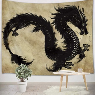 LB 235x180cm Wandteppich Schwarzer Drache Wandtuch Altes Legendäres Tier Wandbehang Chinesischer Stil Tapisserie für Wohnzimmer Schlafzimmer Wohnheim Wanddeko