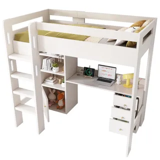 Stilvora Hochbett 90/200 cm in Weiß Kinderbett mit Schreibtisch, Schrank, Schubladen und USB/Type-C , Holzwerkstoff , 3 Schubladen , 90x200 cm , Babymöbel & Kindermöbel, Kinderzimmer & Jugendzimmer, Kinderbetten, Hochbetten