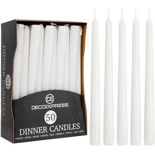 DECO EXPRESS Stabkerzen Set 6er, 10, 15 oder 50er, Lange Brenndauer bis zu 8 Std, Geruchslos(Weiß, 50-er Set)