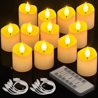 PChero LED Teelichter Wiederaufladbar mit Timer Fernbedienung, 12er Set LED Elektrische Kerzen Aufladbar Flackernd mit Batterie und Timerfunktion für Halloween Zimmer Silvester Kürbis Deko Weihnachten