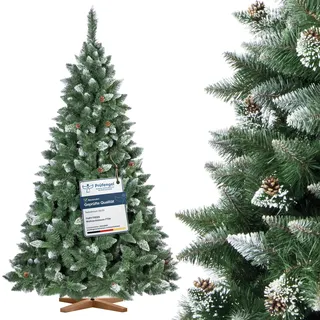 FAIRYTREES Weihnachtsbaum künstlich Kiefer, Natur-Weiss beschneit, Material PVC, echte Tannenzapfen, inkl. Holzständer, 220cm