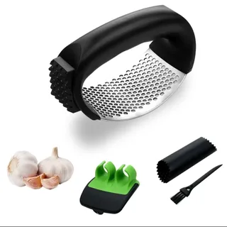 Talyona Knoblauchwippe/presse 4-in-1 aus Edelstahl–Garlic Knoblauchzerkleinerer mit Schäler, Reinigungsbürste & Mini-Schneider–Ergonomischer Knoblauch Crusher, leicht zu reinigen, spülmaschinenfest