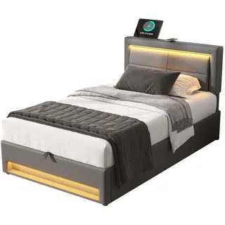 Flieks Polsterbett 90x200cm Grau PU Mit USB LED & Stauraum , Leder , 90x200 cm , Schlafzimmer, Betten, Polsterbetten