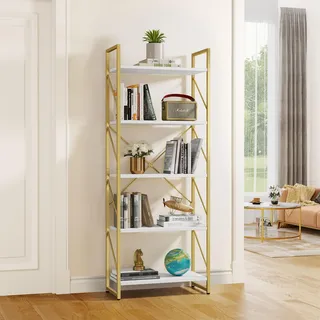 YITAHOME Bücherregal, Regal mit 5 Ebenen, Standregal, Büroregal, freistehend, Dekoregal, zur Präsentation, modern, Bücherregale für Wohnzimmer, Schlafzimmer, Büro (Gold)