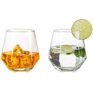 Inweder Old Fashioned Whiskygläser: 2 Stück Stemless Trinkgläser Klar | 300 ml Fassungsvermögen, Geometrisches Diamant-Design, Modern Look Tumbler für Bourbon/Kraken/Rum/Cocktails/Wasser/Saft