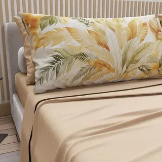 PETTI Artigiani Italiani - Bettwäsche aus Baumwolle mit Kissenbezügen mit Digitaldruck, Bettlaken für französisches Bett, Bettwäsche-Set Palme Olive Beige, 100% Made in Italy