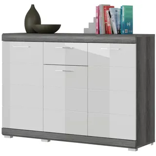 Inn.Furn Sideboard weiß Hochglanz, Rauchsilber grau 120 cm, Kommode mit 8 Fächern , Weiß Hochglanz, Grau , Kunststoff , Nachbildung , Uni, Holz Optik , 5 Fächer , Rechteckig , eckig , 120x85x37 cm , FSC Mix , Kleinmöbel, Kommoden, Sideboards