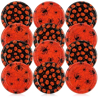 com-four® 12x Dekoteller Halloween - hochwertige, wiederverwendbare Kunststoffteller im Spinnen- und Kürbis-Design - lebensmittelechte Dekoplatten - abwaschbare Zierteller (12 Stück - Spinne + Kürbis)