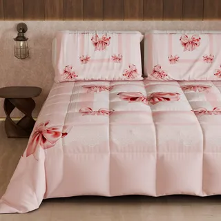 PETTI Artigiani Italiani - Winter-Steppdecke für Einzelbett, doppelseitige Steppdecke, einfarbig und Digitaldruck, rosa Schleife, hergestellt in Italien