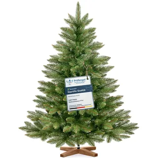 FairyTrees Weihnachtsbaum künstlich 120 cm NORDMANNTANNE TESTSIEGER | Künstlicher Tannenbaum naturgetreu inkl. Holzständer, handgefertigt in EU, Klassische Form, Dichte Zweige, FT14