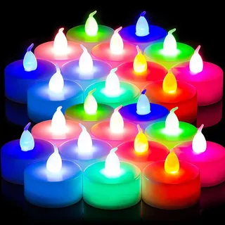 24 Stück LED Teelichter: Bunte LED Kerzen Flammenloses Flackernde Elektrische Kerze Batteriebetrieben, Realistische Flackernde Glühbirne Teelichter für Halloween Party, Weihnachten, Hochzeit