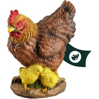 VERDOBA Garten Figur Huhn aus Kunstharz, weiß, handbemalt - Henne Dekofiguren Garten Deko Gartenfiguren für außen groß - Hühner Gartendeko Polyresin Figuren Tiere (Henne mit Küken - braun)