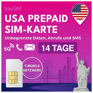 travSIM USA SIM Karte | T-Mobile Netz | Unbegrenzte Daten, Anrufe & Texte in den USA | SIM Karte USA funktioniert auf iOS & Android Geräten | SIM USA 14 Tage