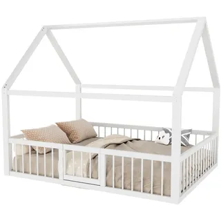 Beaok Metallbett 140/200 cm in Weiß – Kinderbett mit Dachdesign und Sicherheitsgitter , Metall , 140x200 cm , Schlafzimmer, Betten, Metallbetten