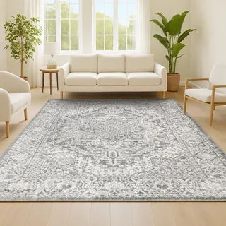 JONATHAN Y MDP100A-8 Moderner persischer Vintage-Medaillon-Teppich für den Innenbereich, Landhausstil, leicht zu reinigen, Schlafzimmer, Küche, Wohnzimmer, 240 cm x 300 cm, Hellgrau