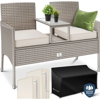 KESSER® Polyrattan Gartenbank 2-Sitzer Bank mit integriertem inkl. Tisch & Kissen - 133 × 55 × 84 cm - Rattan Sitzbank Garten Balkon Gartensofa wetterfest Sitzgruppe Ultra Stabile - Grau