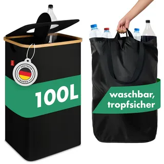 Blumtal Pflandflaschen Sammelbehälter 100L - Bambus Pfandflaschen Organizer mit Pfandflaschen Tasche - Pfandflaschen Behälter in Schwarz - Schwarz