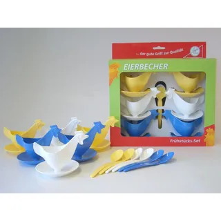 Frühstücks-Set "Eierbecher Huhn" 6 Eierbecher und 6 Eierlöffel je 2 x blau, 2 x weiß, 2 x gelb im Geschenk-Set DDR Eierbecher