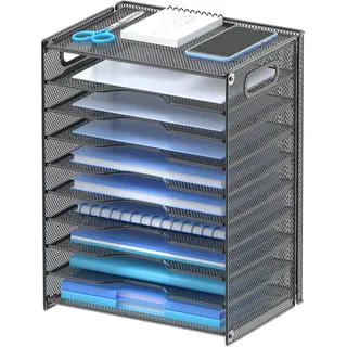 OUTWOLF 10 Ebenen Schreibtisch Organizer mit Griff, Stabile Metall Papier Organizer, Briefablage Ablagefächer Bürobedarf für A4 Dokumentenablage, Papier, Buch, Magazin (Schwarz)
