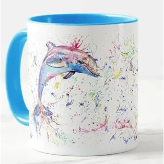 Vixar Delphin Tier Aquarell Kunst Farbige Tasse Geschenk Geburtstag Arbeit Büro Weihnachten Tee Kaffee (L Blau)