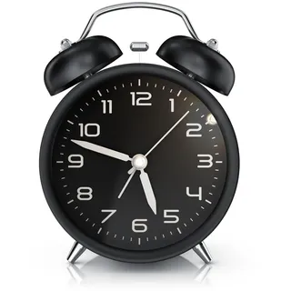 CSL - Wecker analog ohne Ticken mit Licht - LED Beleuchtung - rund - Retro Design - Glockenalarm - lauter Klingelton für Tiefschläfer – einfache Bedienung - schwarz