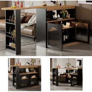 Flieks Esszimmertisch Bartisch 360°Drehbar, Esstisch Küchentisch Ausziehbar mit Schrank, Stehtisch Sideboard mit LED, Schwarz - Schwarz