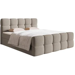 Selsey Cloudy , Boxbett 180x200 mit Bettkästen, Matratze, Topper, Bouclé-Bezug, Grau-Beige , Taupe