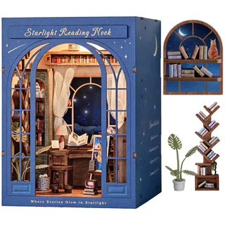 DolphinIsle Book Nook Kits für Erwachsene, DIY Booknook Bücherregal Dekor 3D Holzpuzzle Sternenlicht Leseecke mit funkelndem Sternenhimmel