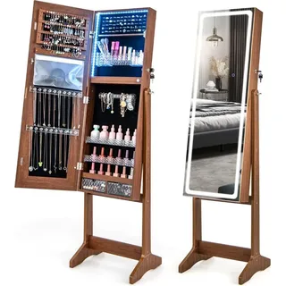 Schmuckschrank mit Spiegel & 3-farbigen LED Beleuchtung Spiegelschrank Schmuckregal Braun - Braun