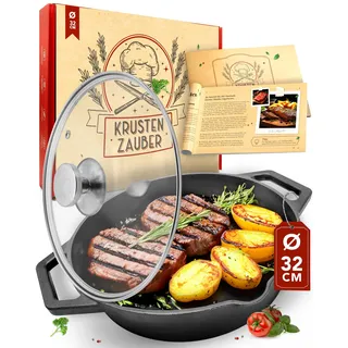 KRUSTENZAUBER 32cm Gusseisenpfanne Induktion - Voreingebrannte Gusseisen Pfanne - Ideale Grillpfanne Induktion, Eisenpfanne, Cast Iron Pan, Bratpfanne, Gusseiserne Pfanne Skillet Gusspfanne