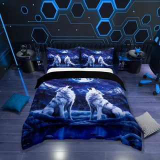 Loussiesd Wolf 100% Baumwolle Bettwäsche Set 220x240cm Wölfe Heulen Betten Set für Jungen Mädchen Tier Wölfe Bettbezug Set Berg Mond Wolf Bettwäsche-Set Zimmer Royal Blau Dekor Bettwäsche-Set