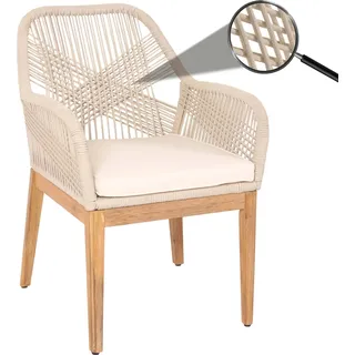 Gartenstuhl HWC-H56b, Sessel Outdoor Stuhl, wetterfest Seilgeflecht Rope Holz Akazie  beige Kissen creme-weiß - Beige