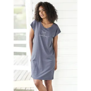 Nachthemd VIVANCE DREAMS, Damen, Gr. 40/42, N-Gr, blau (dunkelblau), Single Jersey, Obermaterial: 50% Baumwolle, 50% Viskose, bedruckt, unifarben, Basic, loose fit kurz, Rundhals, angeschnitten, Kleider Nachthemd, mit Sommer-Statementdruck