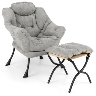 COSTWAY Sessel mit Hocker, Relaxsessel mit Armlehnen, Seitentasche & doppelseitiger Fußstütze, Loungesessel, Fernsehsessel, gepolsterter Ohrensessel - Grau