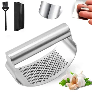 Knoblauchpresse Edelstahl 4-in-1 - Set Garlic Press & Knoblauchschneider mit Silikon-Schäler + Fingerschutz & Reinigungsbürste - Robuste & Spülmaschinengeeignete Küchenhilfe | 3-Stars