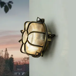 Garten Außenlampe Messing Wandleuchte Antik IP64 E27 Rostfrei Maritim Riffelglas