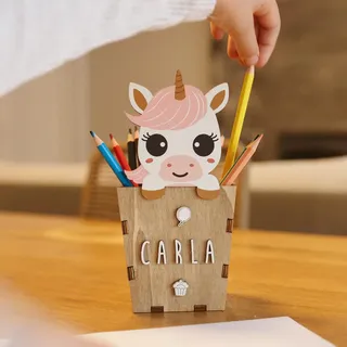 WONDEE Personalisierter Stifthalter aus Holz mit Namen, Einhorn-Schreibtisch-Organizer für Kinder, Schulgeburtstagsgeschenke für Kinder, Schreibtischzubehör für Mädchen und Jungen