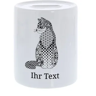 Spardose Katze personalisiert mit Wunschtext, Keramik, Zentangle | Geldgeschenk für Katzenliebhaber – Gelddose mit filigranem Katzen-Motiv und Ihrem Text