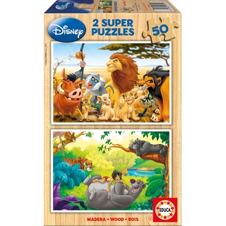 Educa - Holzpuzzle mit 50 Teile | Disney Tierfreunde, 2x50 Teile Holzpuzzle, Kinderpuzzle ab 4 Jahren, König der Löwen, Dschungelbuch (13144)