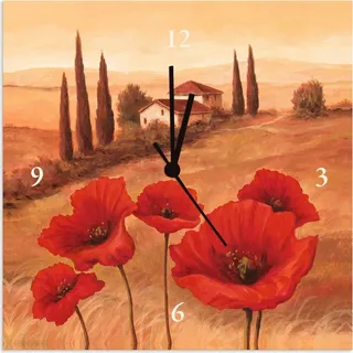 ARTland Wanduhr auf Alu Quarzuhr - schwarzer Zeiger Mohnblumen in der Toskana Größe: 30x30 cm - Ocker