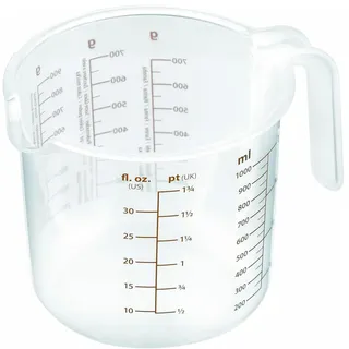 Messbecher mit Ausgießer und Griff, multifunktionaler Krug für Flüssigkeiten und Feststoffe, Skala in Gramm und Liter, BPA-frei, spülmaschinenfest, aus Kunststoff, 1 l