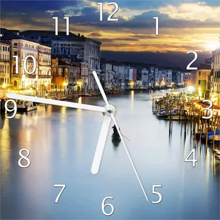 Wallario Design Wanduhr Canal Grande in Venedig am Abend mit untergehender Sonne aus Echtglas, Größe 20 x 20 cm - Blau