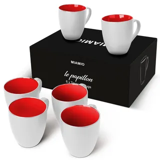 MIAMIO - 6x 350 ml Kaffeebecher Set – Moderne Kaffeetassen aus Keramik in Weiß-Rot – Große Kaffeetassen für Kaffee, Tee und Cappuccino – Spülmaschinen- und mikrowellengeeignet