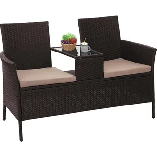 Poly-Rattan Sitzbank mit Tisch HWC-E24, Gartenbank Sitzgruppe Gartensofa, 132cm braun, Kissen creme - Braun