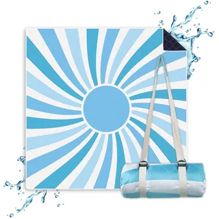 NAYA Studios® Picknickdecken (Sonne Blau) - extra große Picknickdecke 200x200 cm - waschbare Campingdecke - Stranddecke XXL - Picknickdecke wasserabweisend - Decke Outdoor - Strandmatte gepolstert