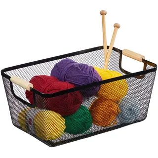 Relaxdays Aufbewahrungskorb Drahtkorb eckig mit Holzgriffen 23 x 37 x 17 cm schwarz
