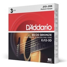 D'Addario Gitarrensaiten Akustikgitarre | Gitarrensaiten Westerngitarre | Stahlsaiten Westerngitarre | DER BELIEBTESTEN SAITENMARKE WELTWEIT | EJ12-3D | 80/20 Bronze | Medium (13-56) | 3er-Pack