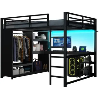 Redom Hochbett 160/200 cm aus Metall mit Led, Schreibtisch, offenem Kleiderschrank und Ablagen, Schwarz , 160x200 cm , Babymöbel & Kindermöbel, Kinderzimmer & Jugendzimmer, Kinderbetten, Hochbetten