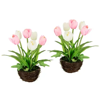 Kunstblumen Tulpen im Nest künstliche Blume Papageientulpe Blüte Frühjahrsdeko Osterdeko Osternest Mittelstück Dekoration Seidenblume wie echt Kunsttulpe Tischdeko Zimmerpflanze Floristik